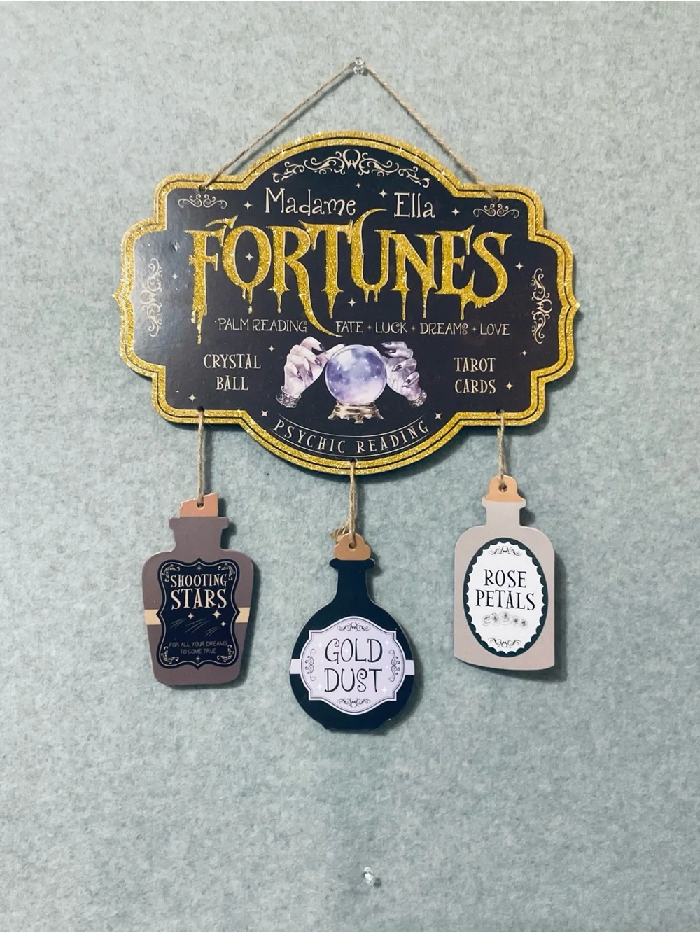 Fortunes Wall Sign with Hanging Potion Bottles - Black & Gold